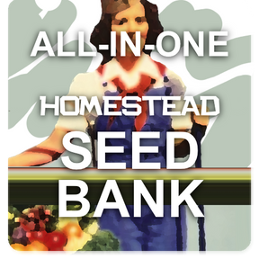 All-in-One Homestead Seed Bank logo with text over a farmer holding vegetables background
